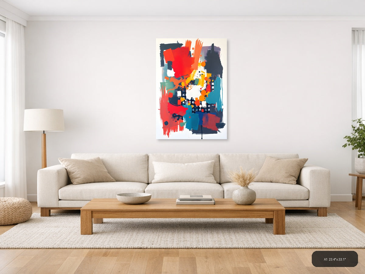 Bold Abstract Composition Red Orange Teal Wall Art — A1 / Living Room