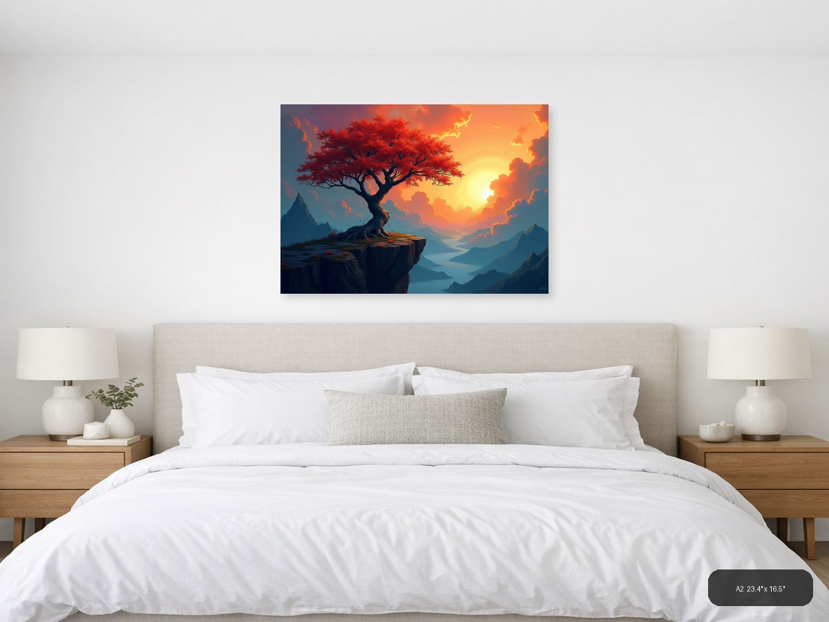 Crimson Tree Sunset Mountain Landscape Abstract Wall Art — A2 / Bedroom