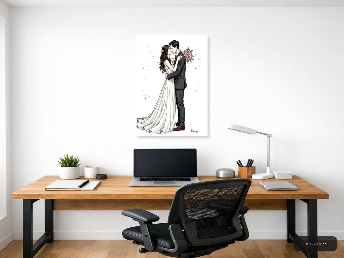 Wedding Kiss Line Art - Bride Groom Couple Wall Art — A1 / Office