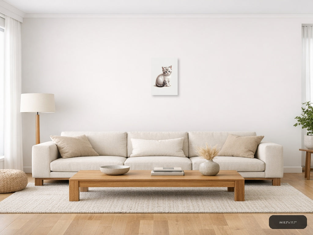 White Kitten with Blue Eyes Minimalist Portrait Wall Art — A4 / Living Room