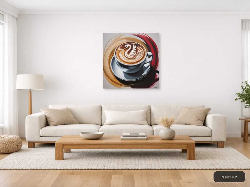 Abstract Coffee Cup Latte Art Swan Design Wall Art — A2 / Living Room