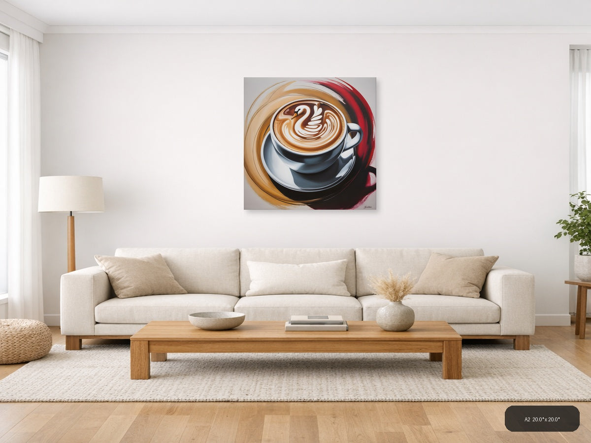 Abstract Coffee Cup Latte Art Swan Design Wall Art — A2 / Living Room