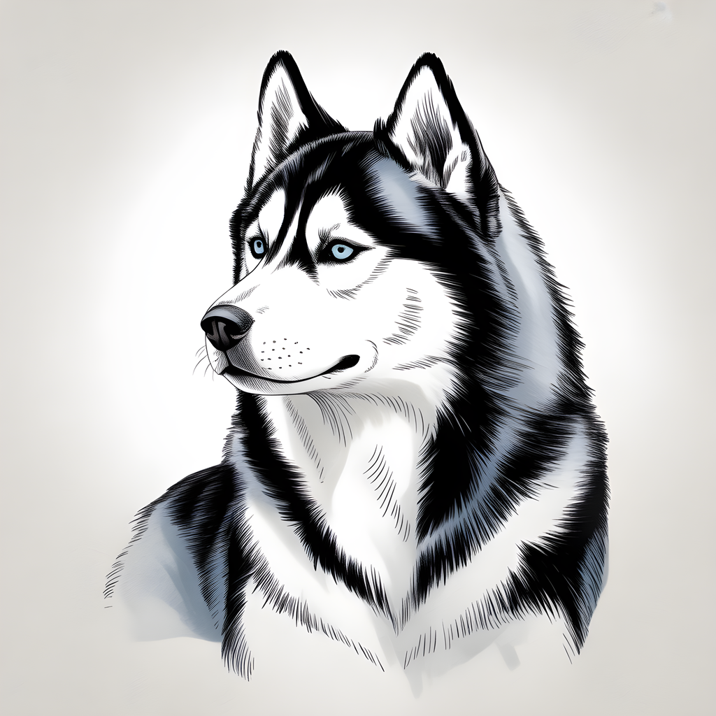 Husky Dog Portrait Line Art Black and White Wall Art