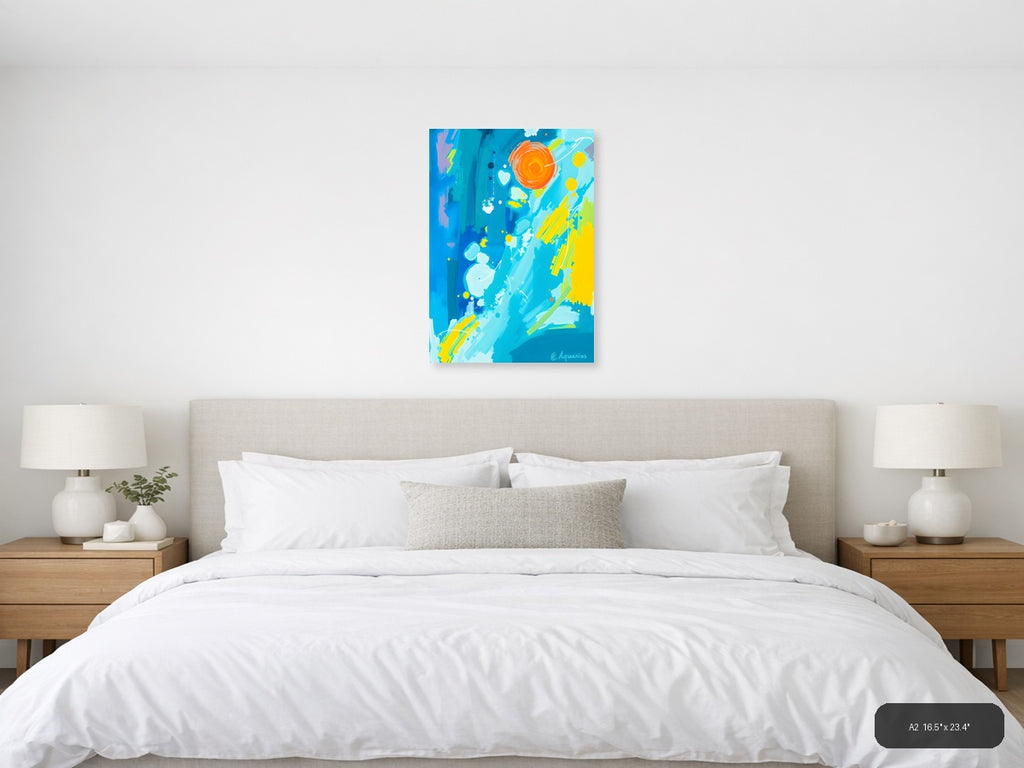 Abstract Blue Sky with Orange Sun & Planets Wall Art — A2 / Bedroom