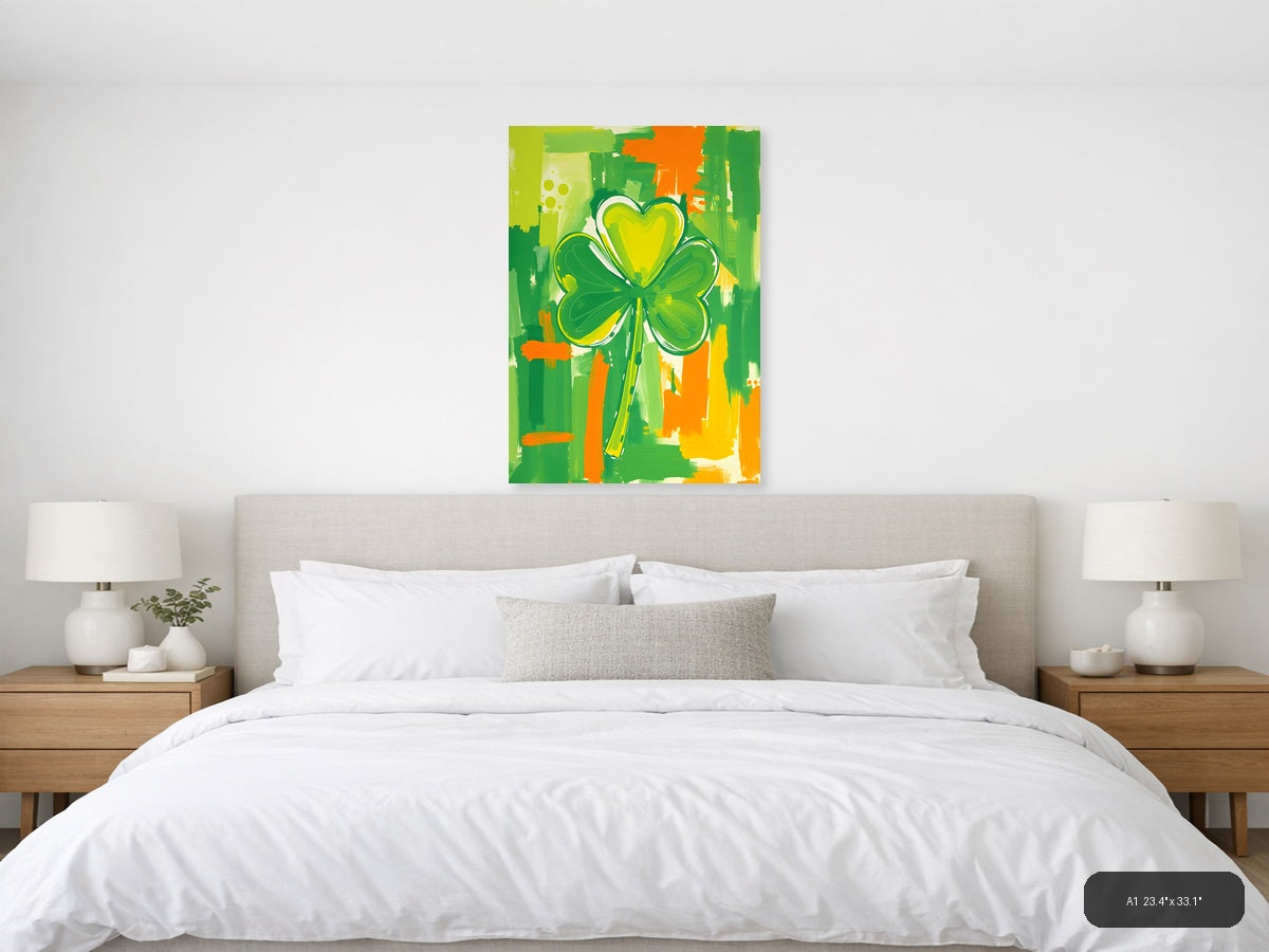 Abstract Four Leaf Clover with Heart - Green Wall Art — A1 / Bedroom