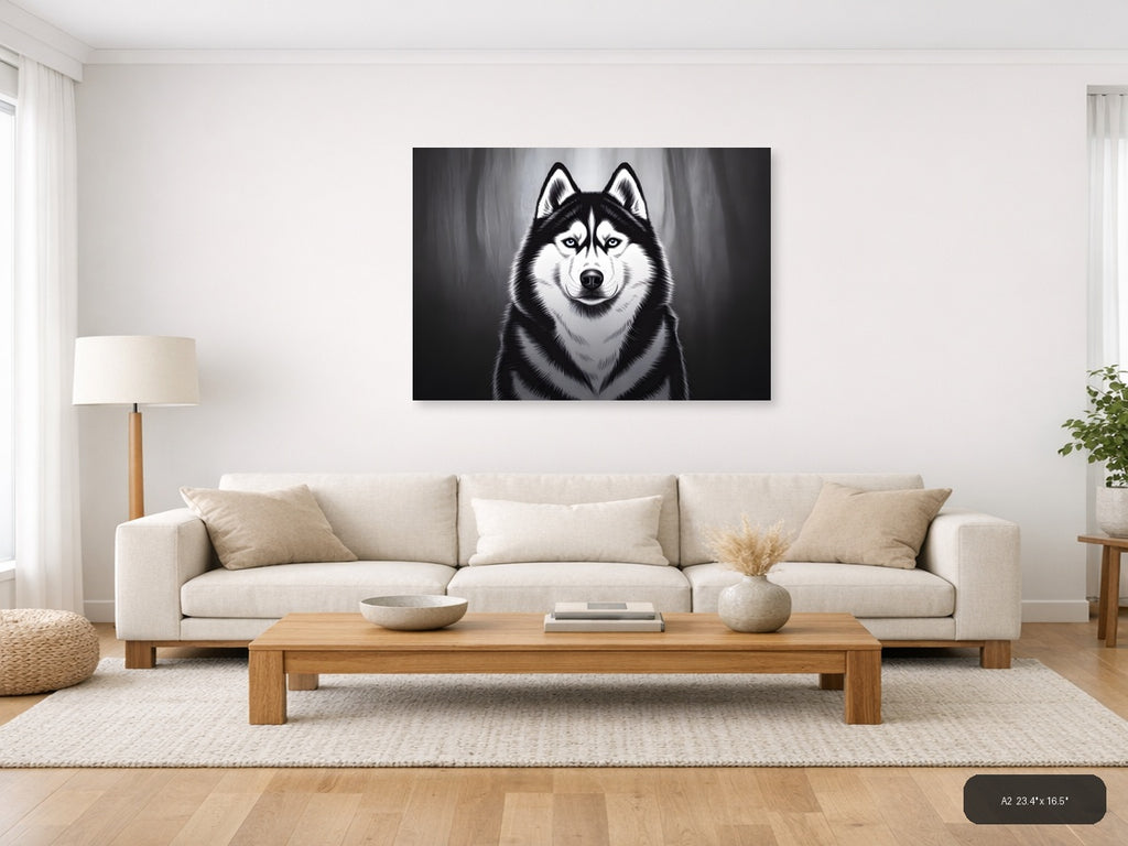 Striking Husky Portrait Black and White Photography Wall Art — A2 / Living Room