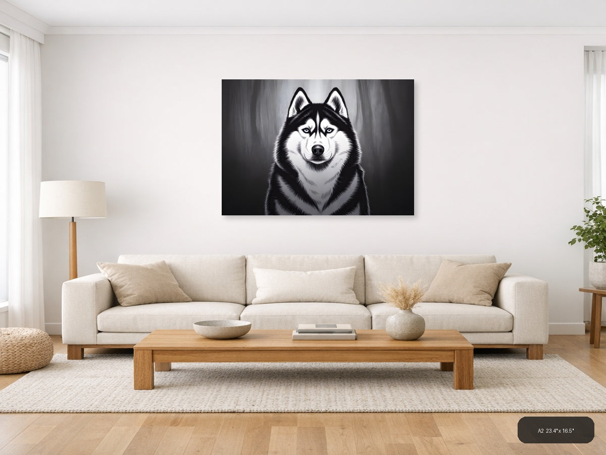 Striking Husky Portrait Black and White Photography Wall Art — A2 / Living Room