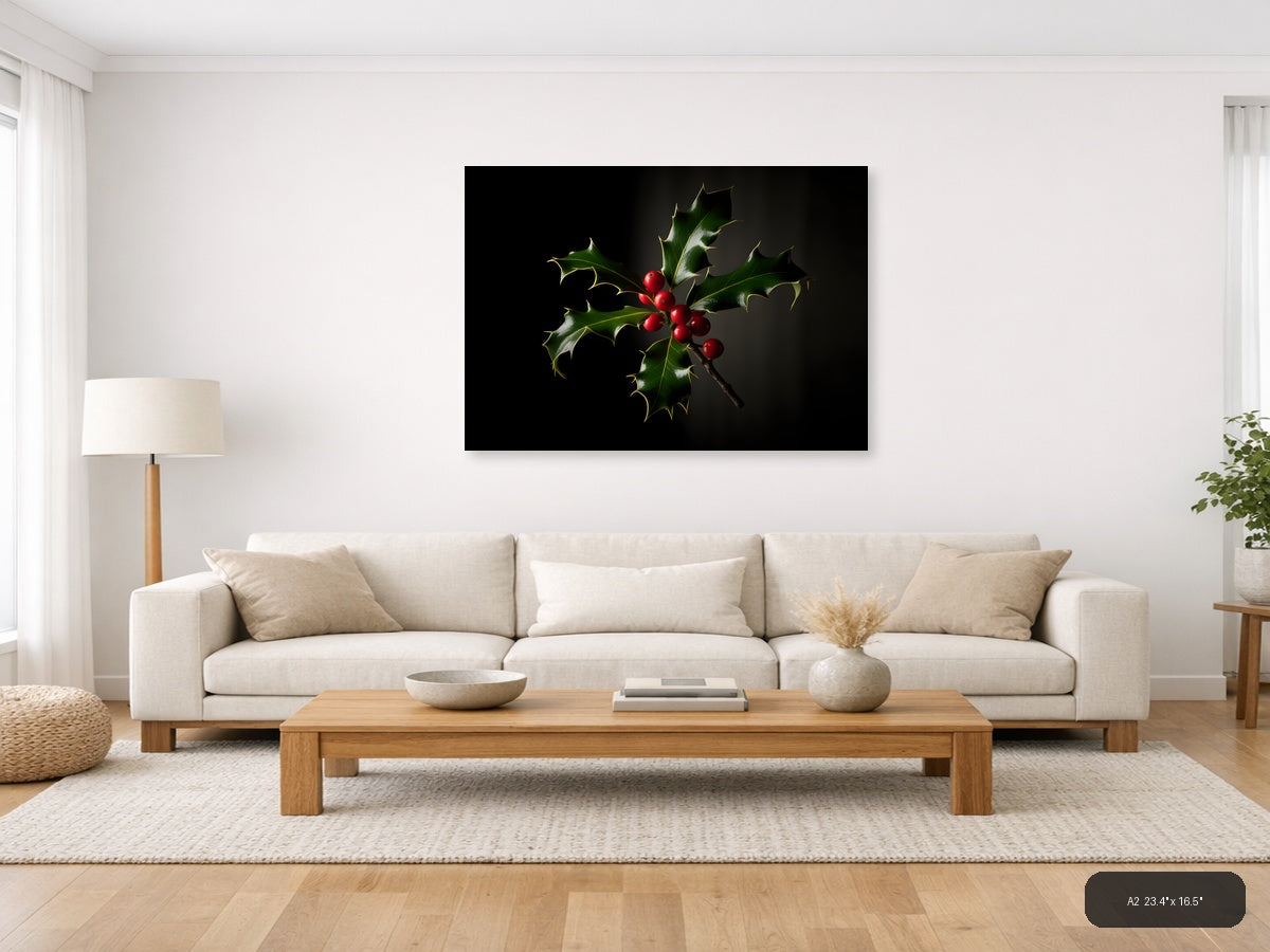 Holly Branch with Red Berries Photography Wall Art — A2 / Living Room