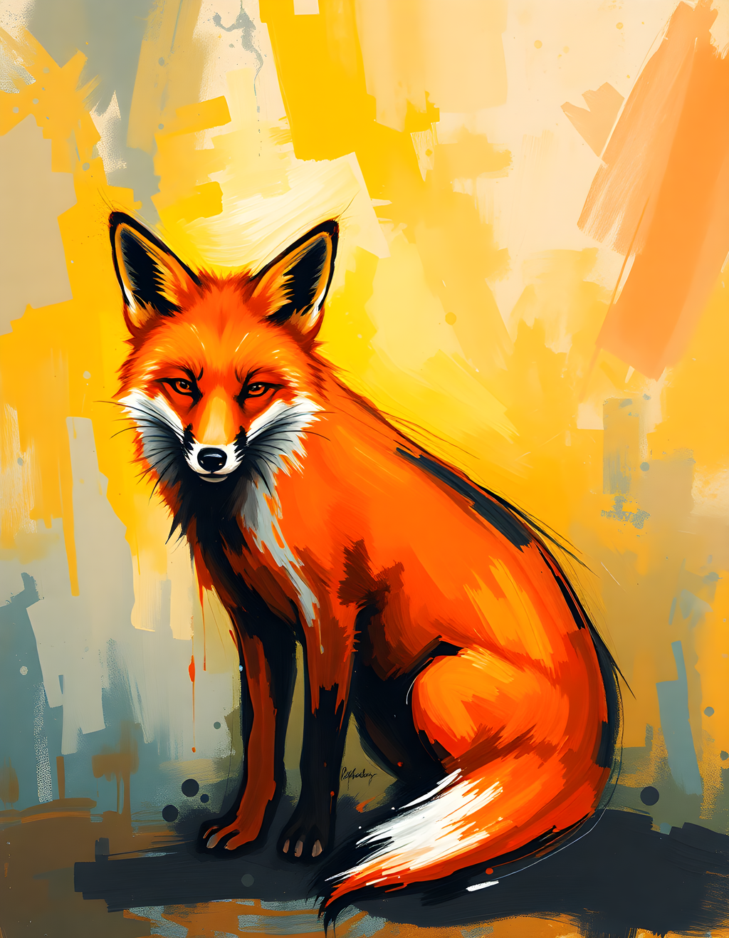 Abstract Red Fox Portrait Modern Yellow Wall Art