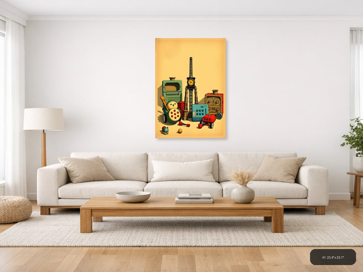 Vintage Toys & Clock Tower Retro Illustration Wall Art — A1 / Living Room