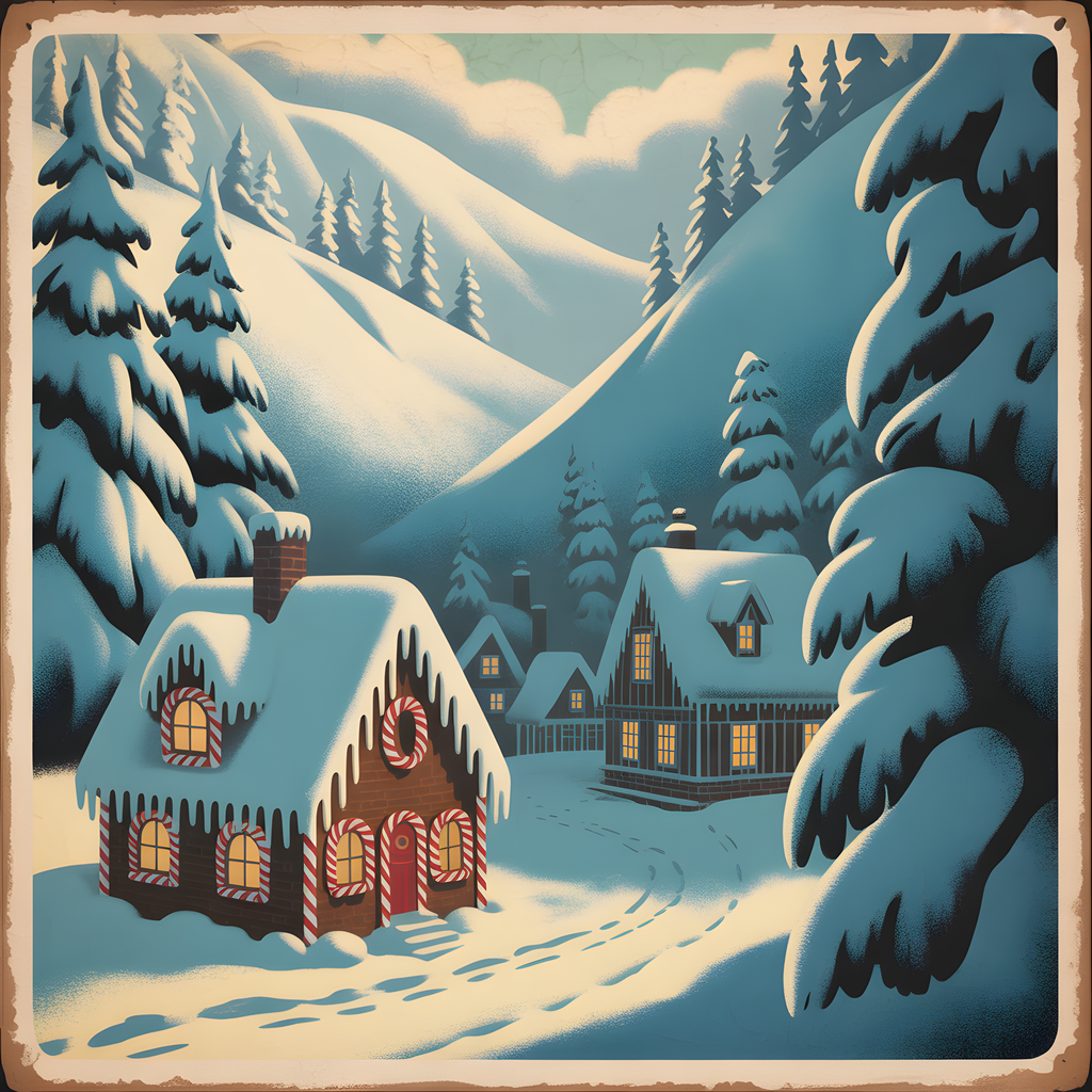 Vintage Gingerbread House Winter Mountain Scene Wall Art