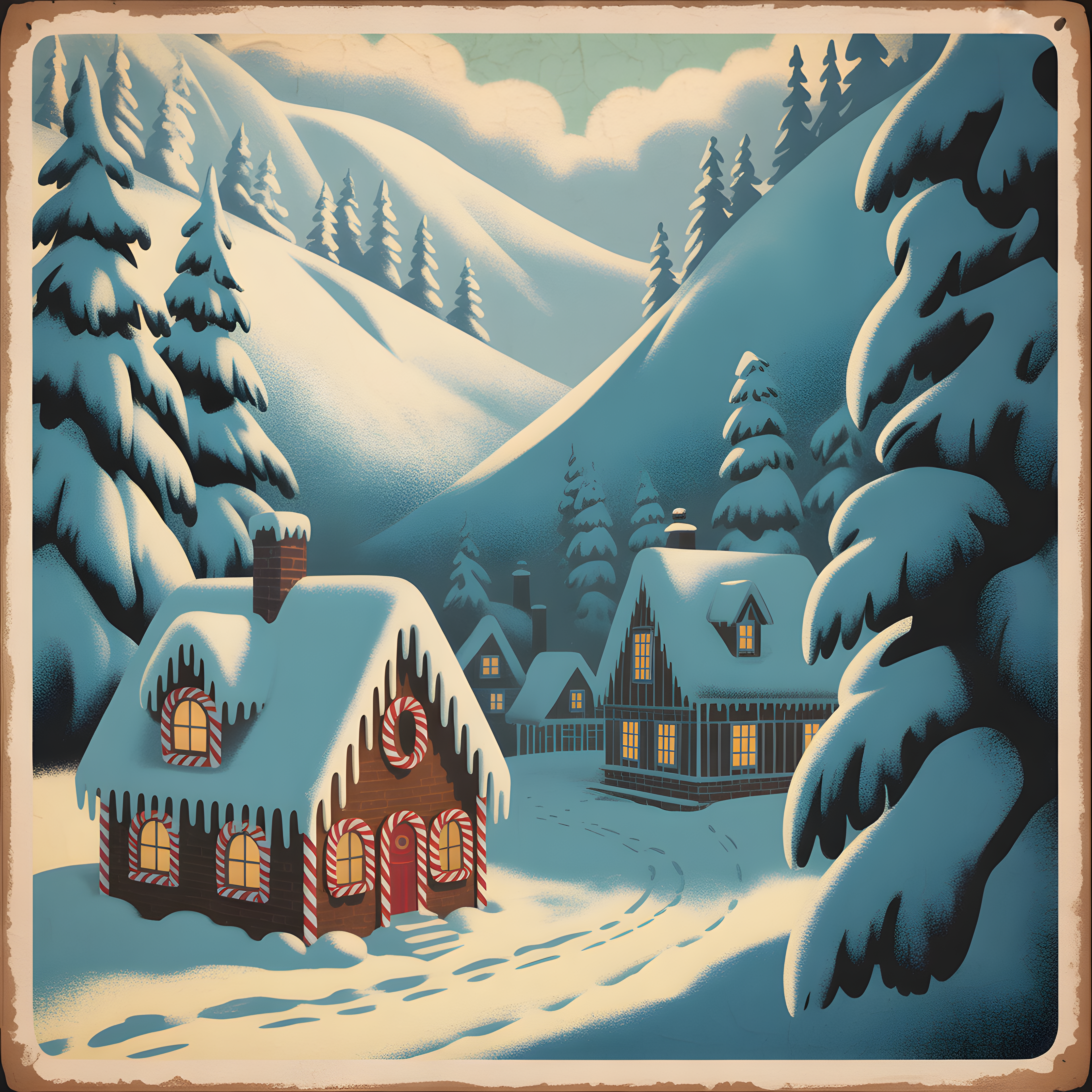 Vintage Gingerbread House Winter Mountain Scene Wall Art