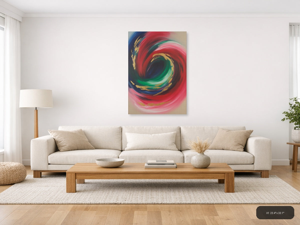 Red & Green Spiral Abstract with Gold Accents Wall Art — A1 / Living Room