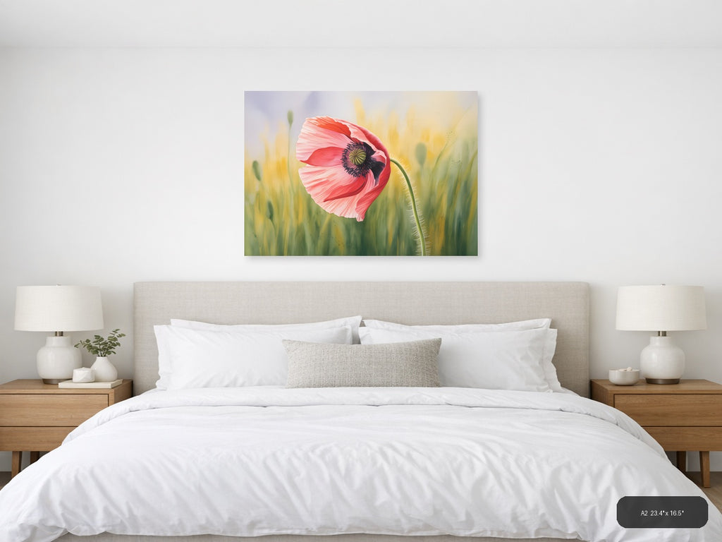 Pink Poppy Watercolor Flower Field Wall Art — A2 / Bedroom
