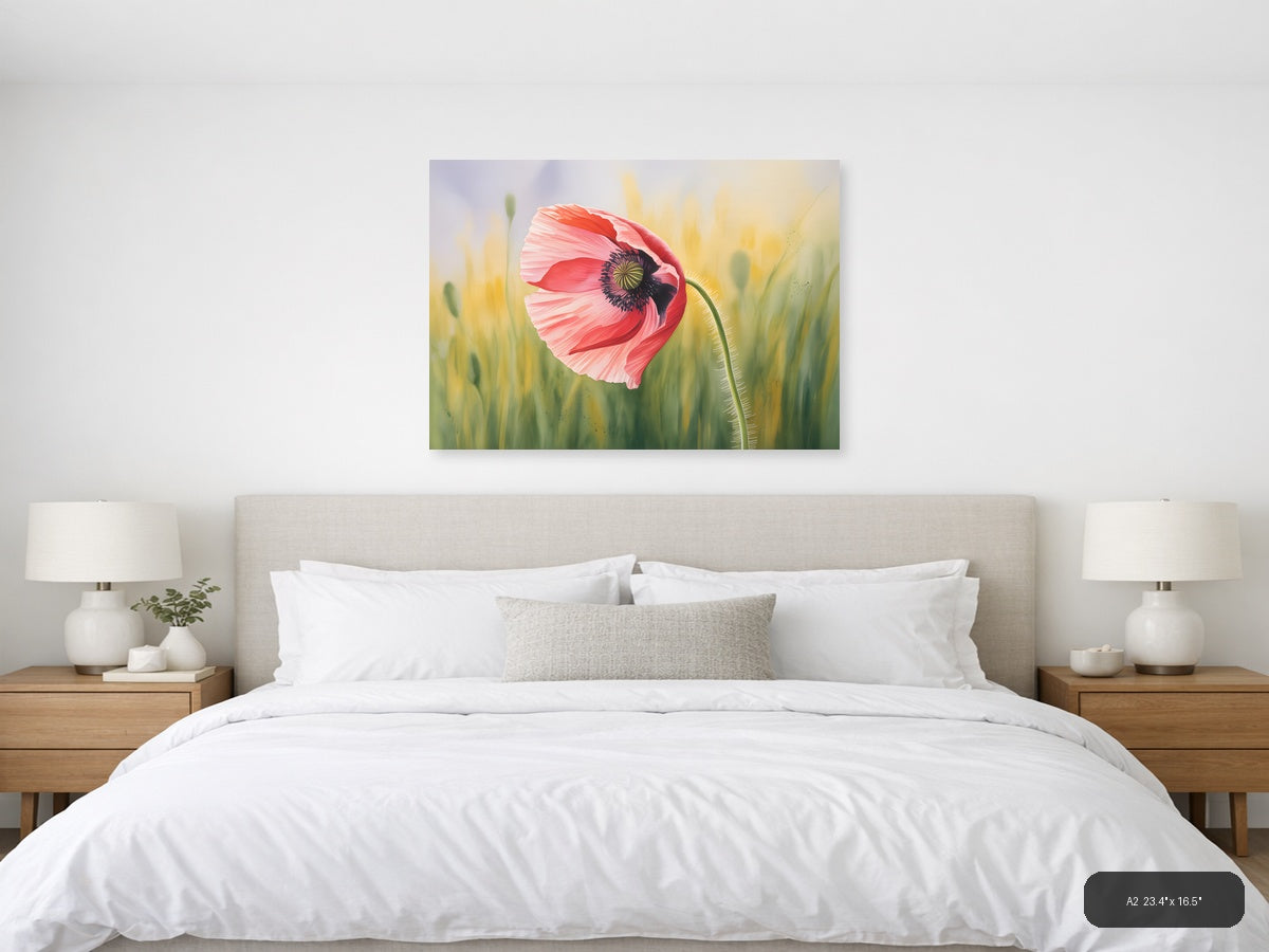 Pink Poppy Watercolor Flower Field Wall Art — A2 / Bedroom