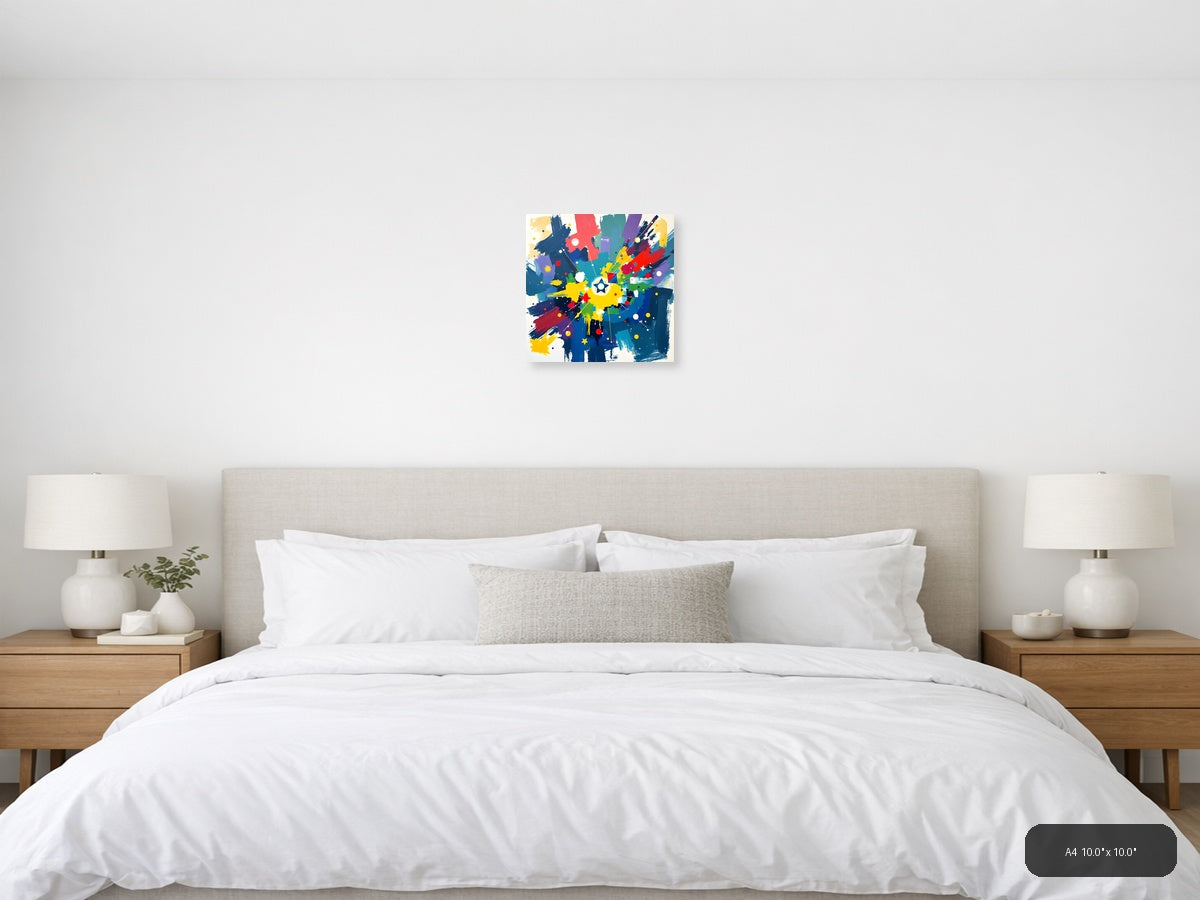 Vibrant Abstract Starburst with Colorful Brushstrokes Wall Art — A4 / Bedroom