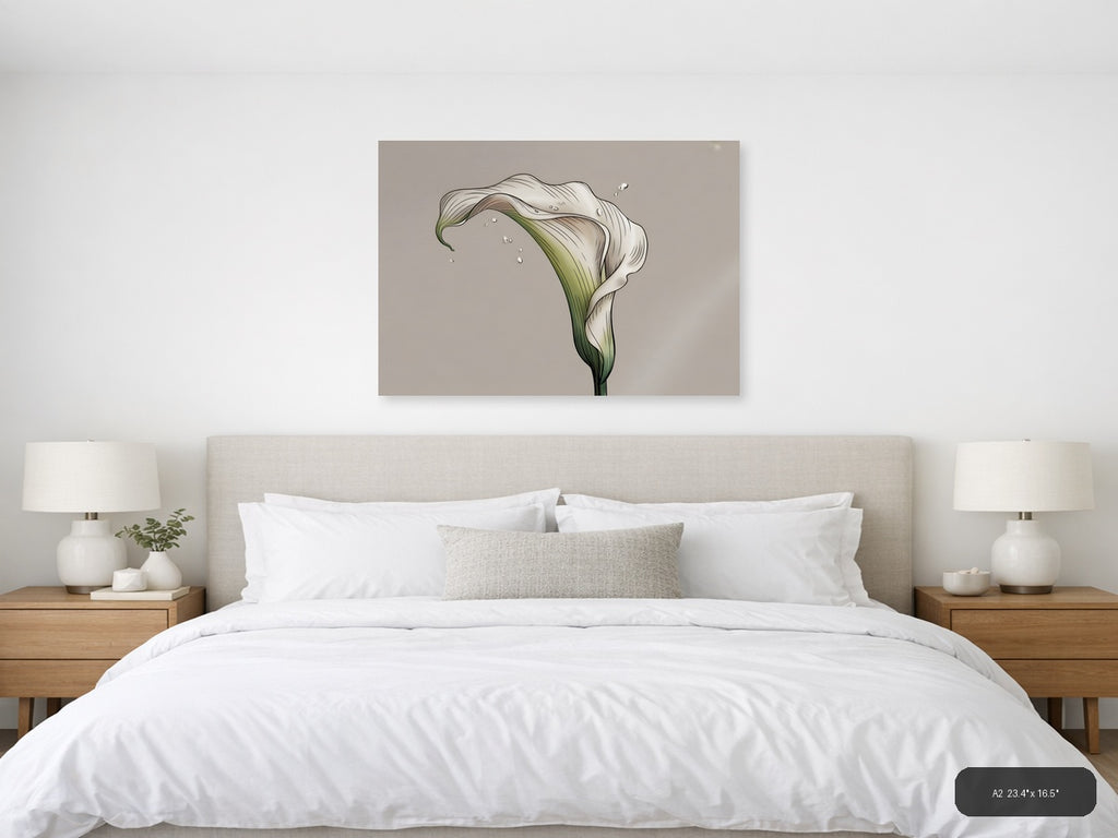 White Calla Lily with Water Drops Line Art Wall Art — A2 / Bedroom