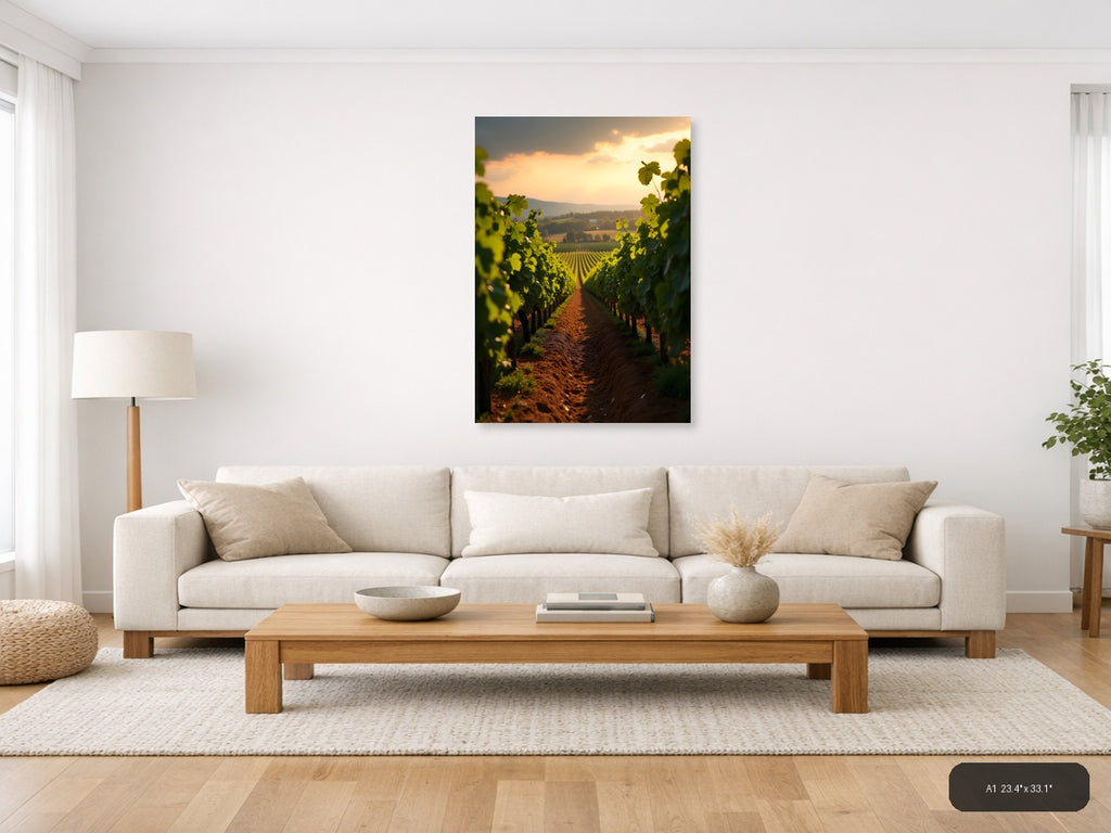 Vineyard Sunset Golden Hour Photography Wall Art — A1 / Living Room