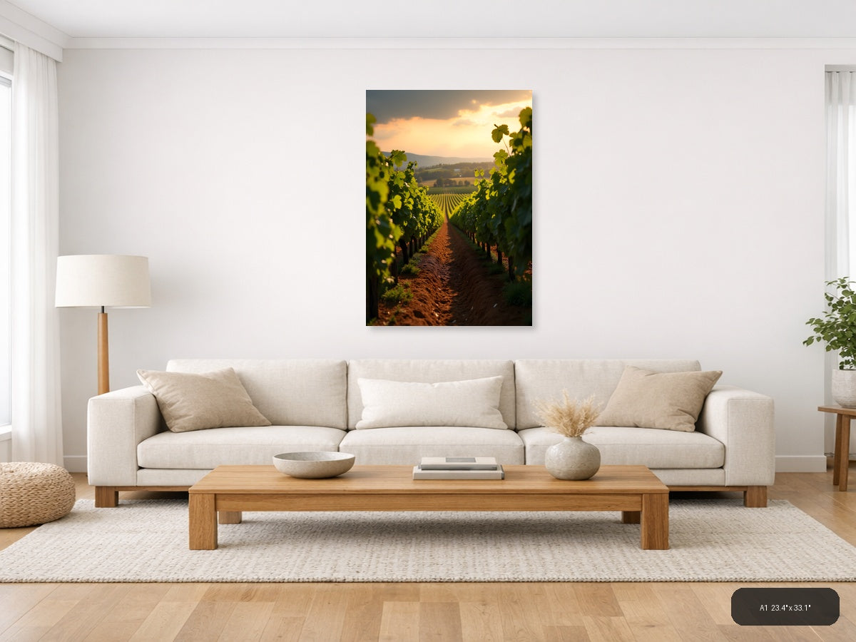 Vineyard Sunset Golden Hour Photography Wall Art — A1 / Living Room