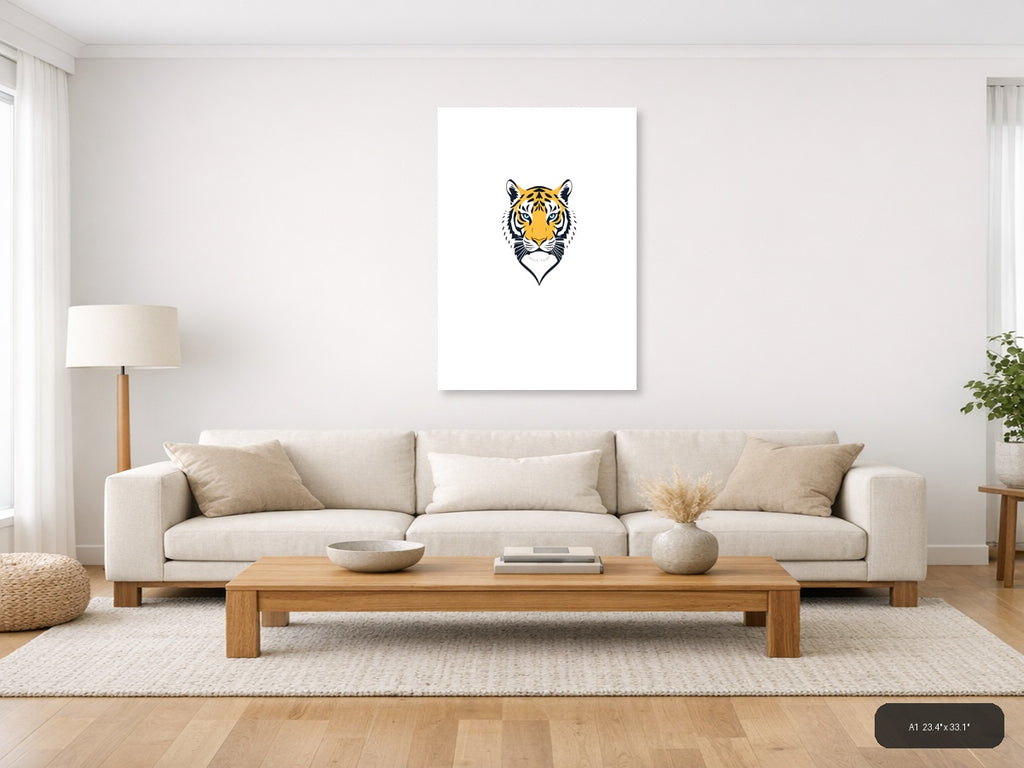 Minimalist Tiger Head Portrait Yellow & Black Wall Art — A1 / Living Room
