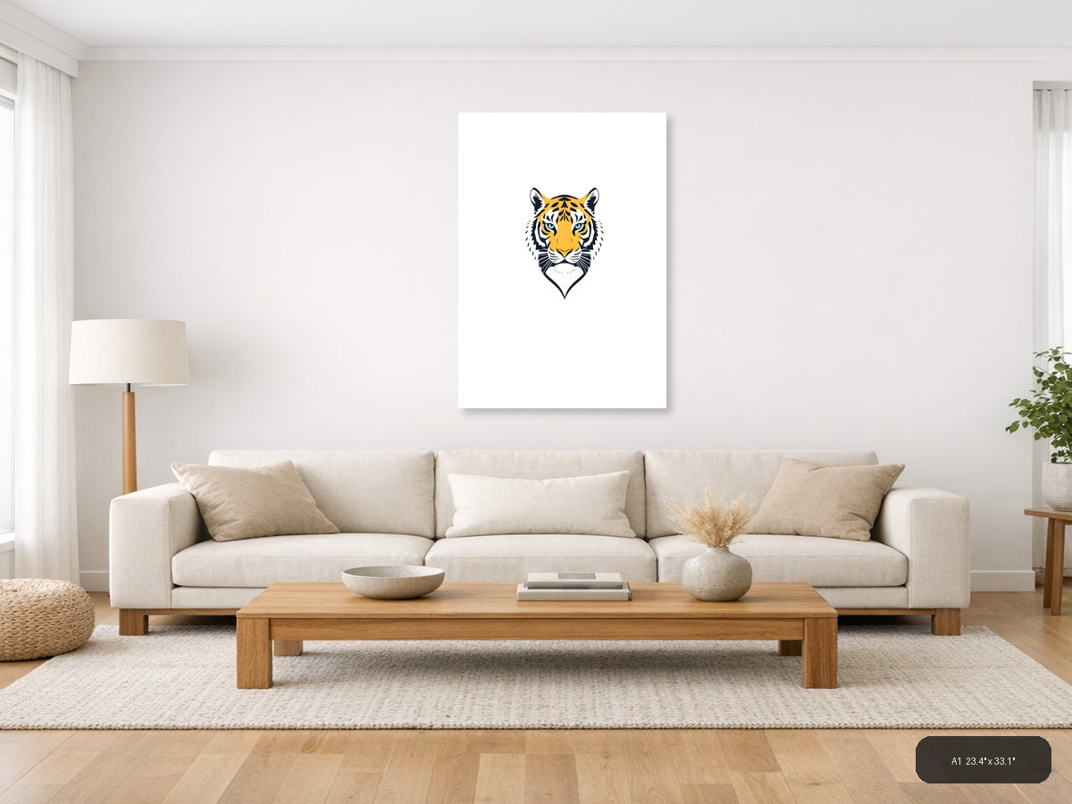 Minimalist Tiger Head Portrait Yellow & Black Wall Art — A1 / Living Room