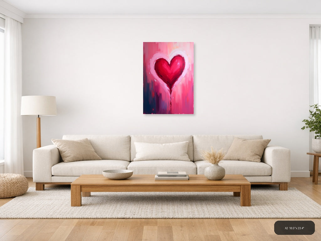 Red Heart Abstract Brushstroke Pink Wall Art — A2 / Living Room