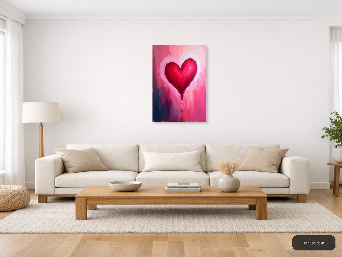 Red Heart Abstract Brushstroke Pink Wall Art — A2 / Living Room