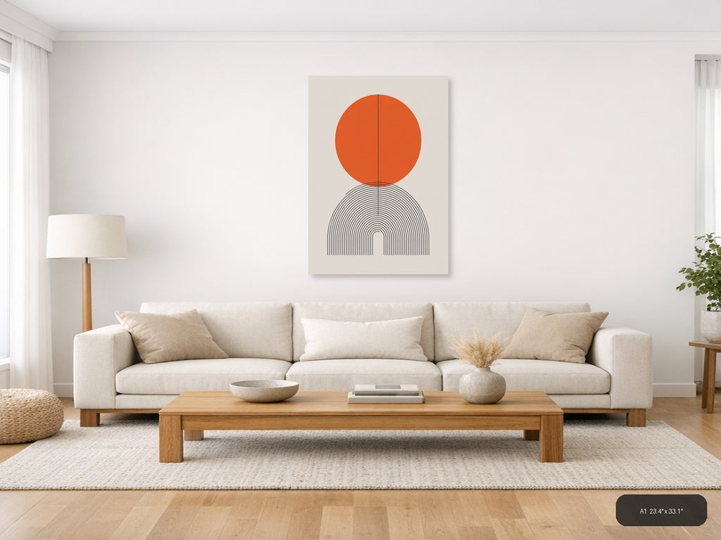 Orange Circle with Line Art Arch Minimalist Wall Art — A1 / Living Room