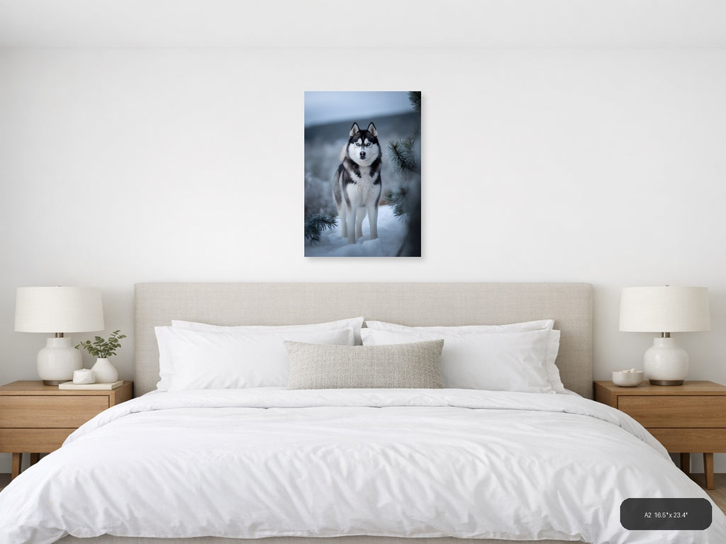 Husky with Blue Eyes in Snowy Winter Forest Photography Wall Art — A2 / Bedroom
