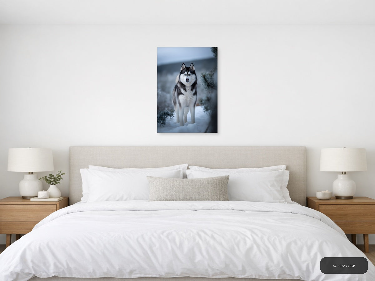 Husky with Blue Eyes in Snowy Winter Forest Photography Wall Art — A2 / Bedroom