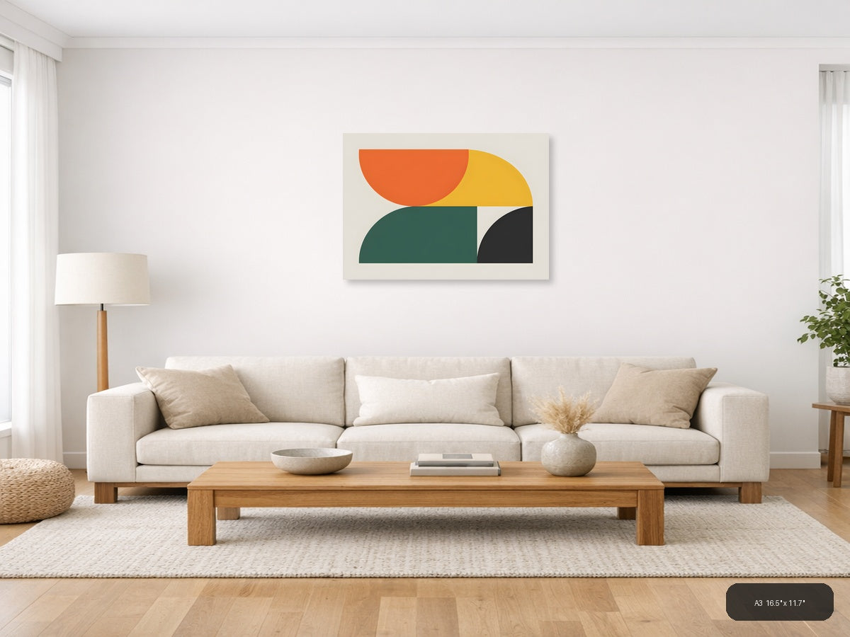 Minimalist Geometric Shapes Orange Yellow Green Wall Art — A3 / Living Room