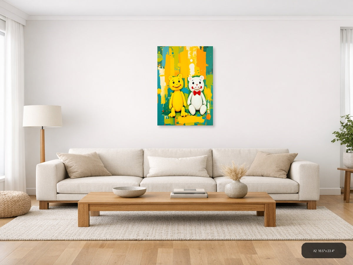 Two Happy Bears Abstract Colorful Portrait Wall Art — A2 / Living Room