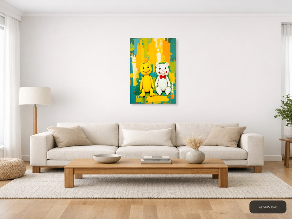 Yellow & White Smiling Bears Abstract Colorful Wall Art — A2 / Living Room
