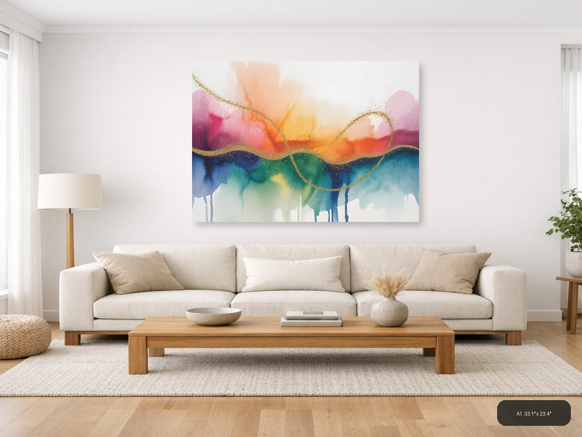 Rainbow Watercolor Landscape with Gold Wave Lines Wall Art — A1 / Living Room