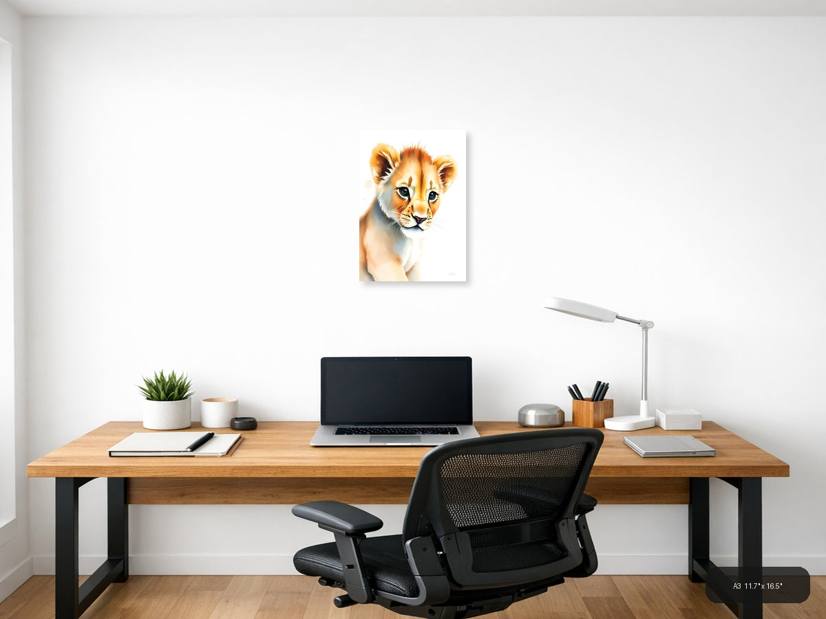 Young Lion Cub Watercolor Portrait Wall Art — A3 / Office
