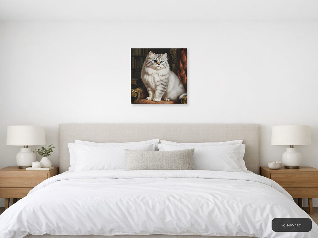 Vintage White Persian Cat Blue Eyes Library Wall Art — A3 / Bedroom