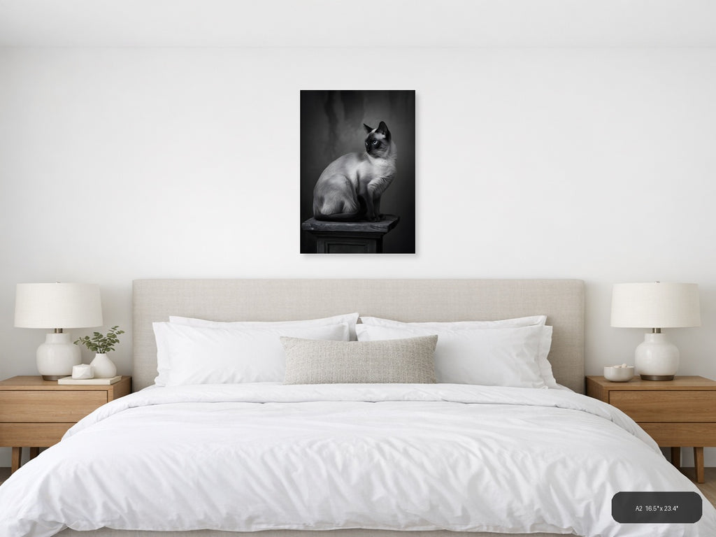 Siamese Cat Portrait Black and White Photography Wall Art — A2 / Bedroom