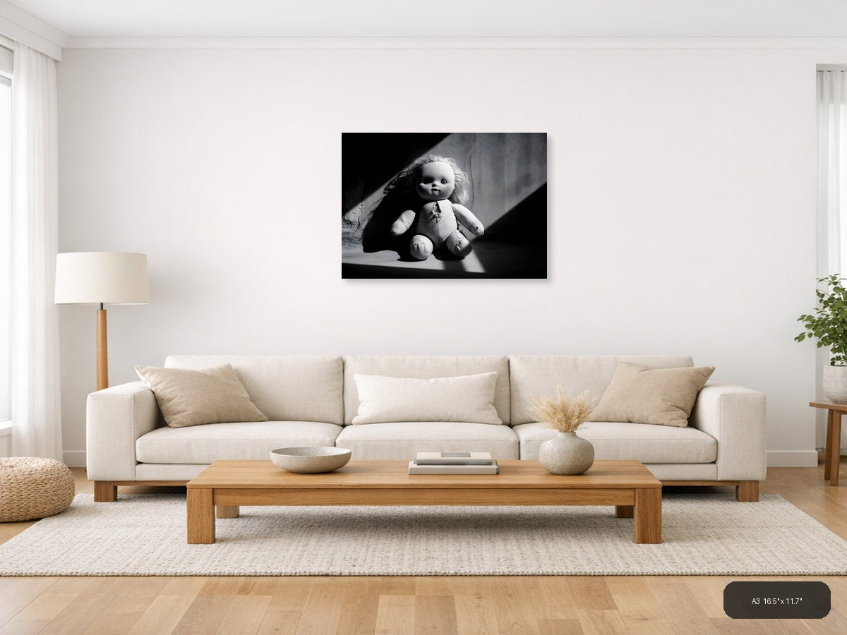 Haunting Doll Portrait Black and White Photography Wall Art — A3 / Living Room