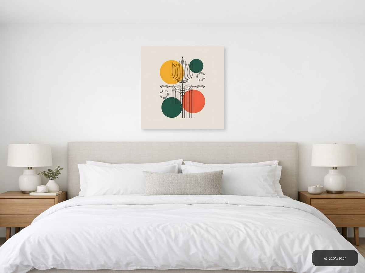 Abstract Botanical Line Art with Geometric Circles Wall Art — A2 / Bedroom