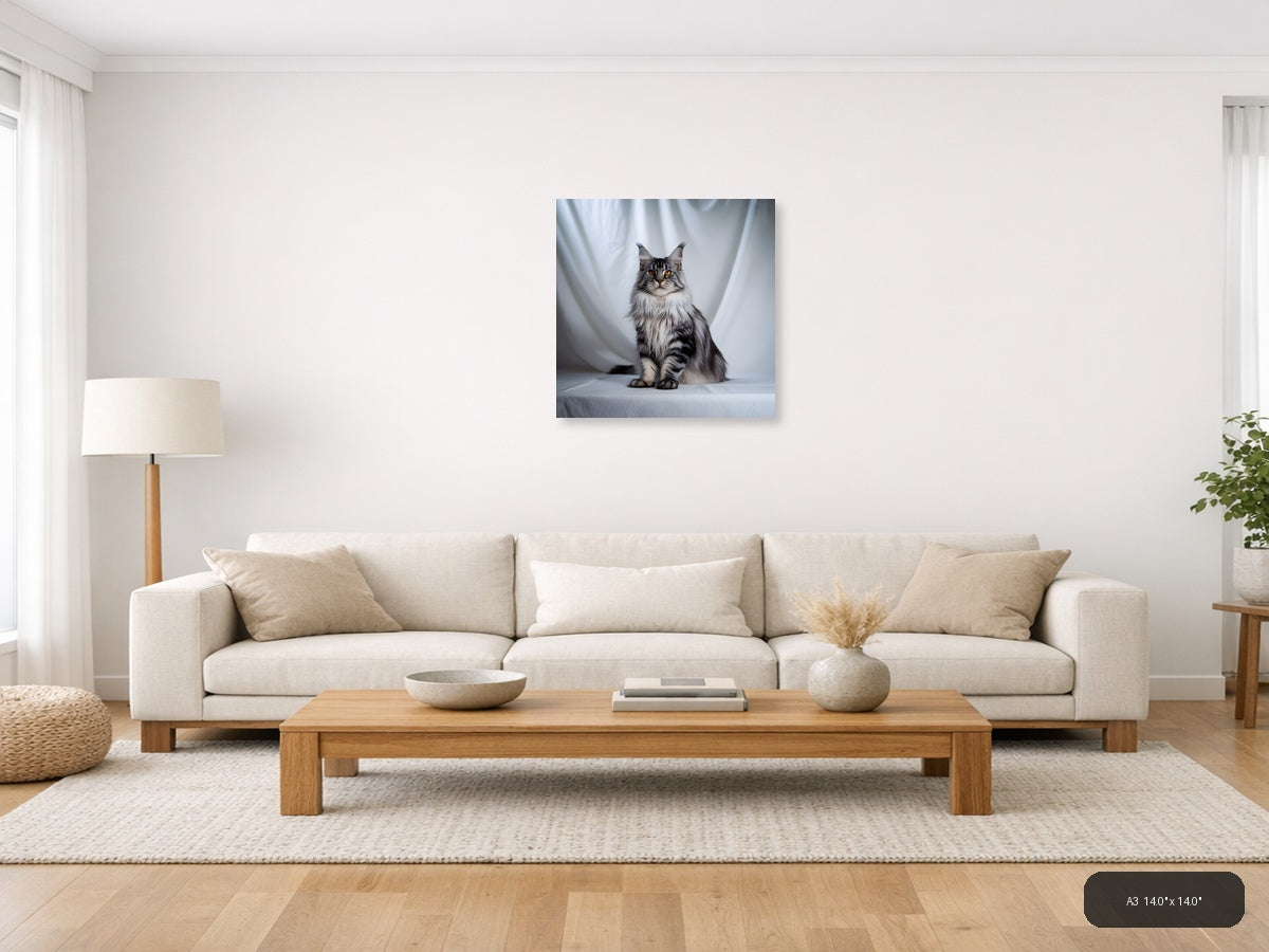 Gray Tabby Cat Portrait Minimalist Wall Art — A3 / Living Room