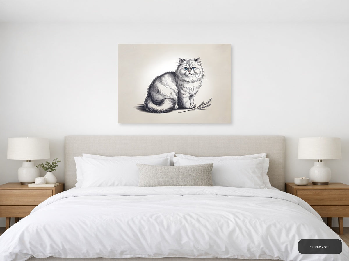 Fluffy Long-Haired Cat with Wheat Line Art Wall Art — A2 / Bedroom
