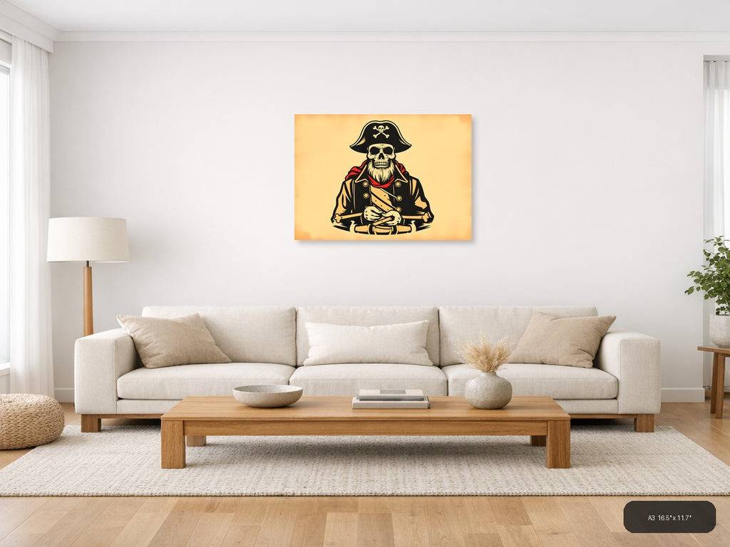 Pirate Skull Captain Vintage Illustration Wall Art — A3 / Living Room