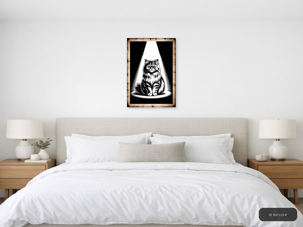 Majestic Fluffy Cat Green Eyes Black & White Wall Art — A2 / Bedroom