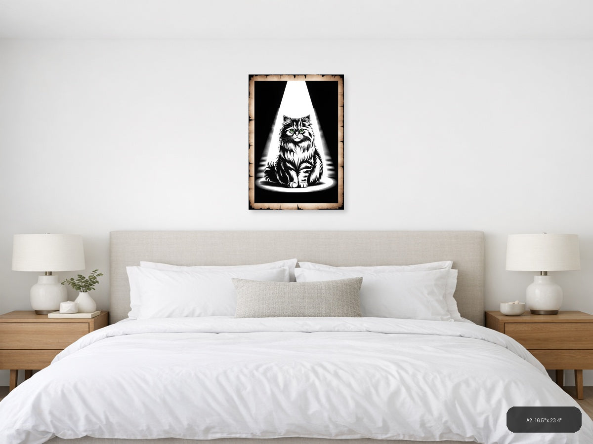 Majestic Fluffy Cat Green Eyes Black & White Wall Art — A2 / Bedroom