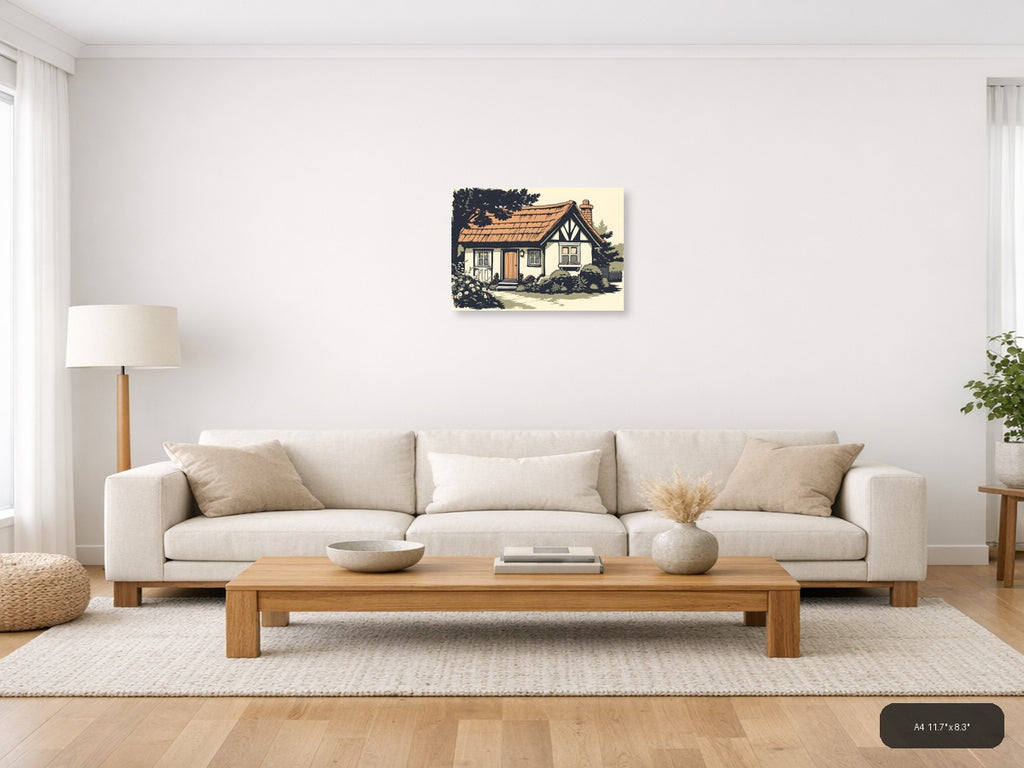 Vintage Cottage House with Garden - Landscape Wall Art — A4 / Living Room