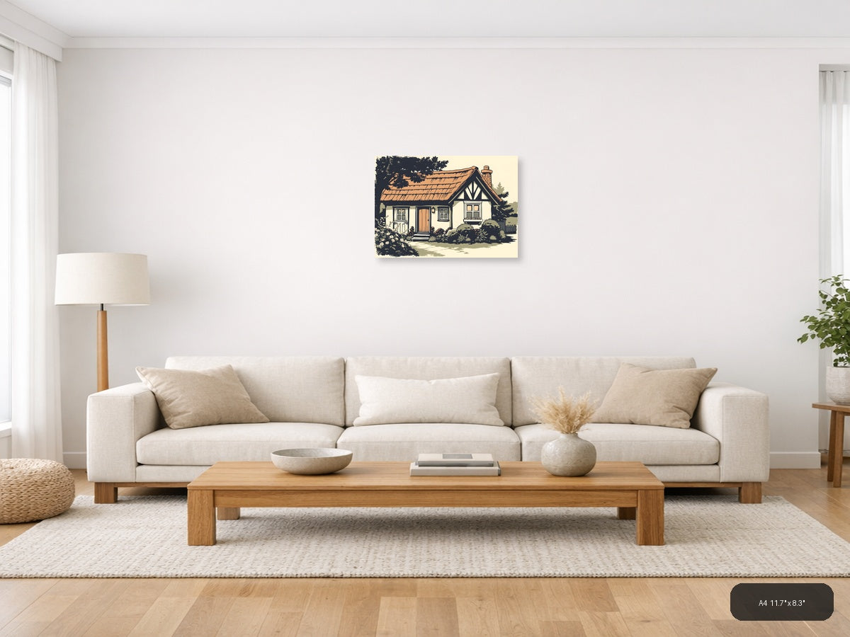 Vintage Cottage House with Garden - Landscape Wall Art — A4 / Living Room