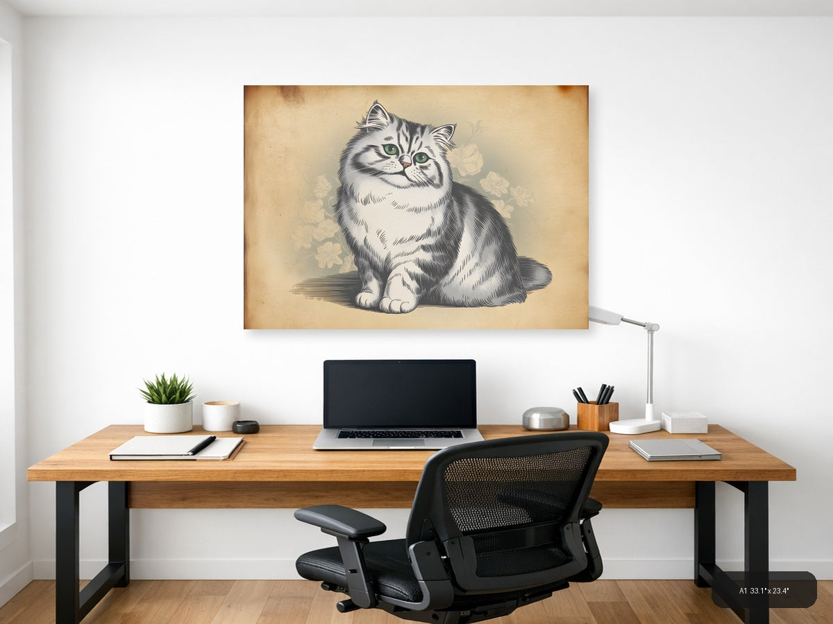 Vintage Fluffy Cat with Green Eyes Illustration Wall Art — A1 / Office