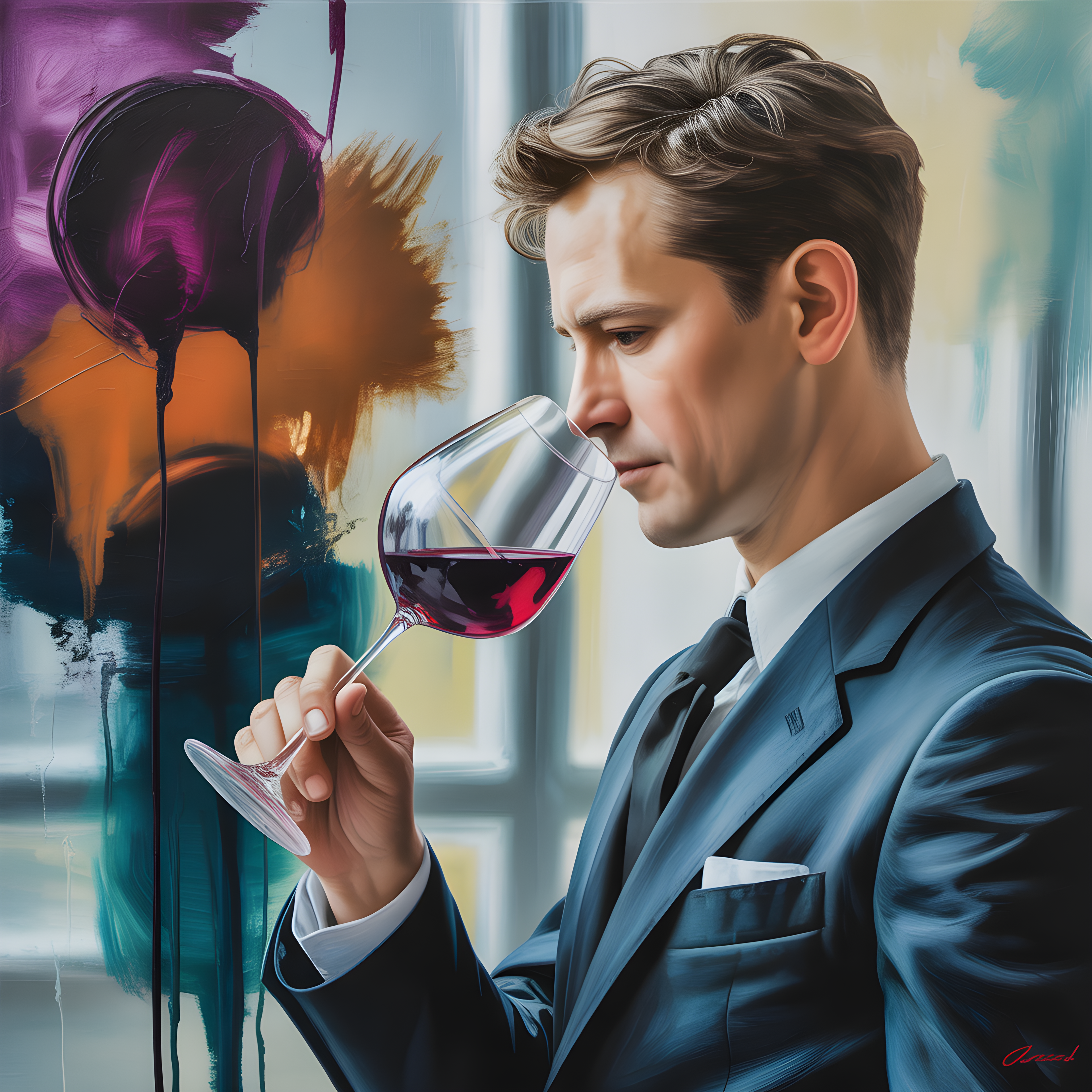 Abstract Wine Tasting Man in Blue Suit Wall Art