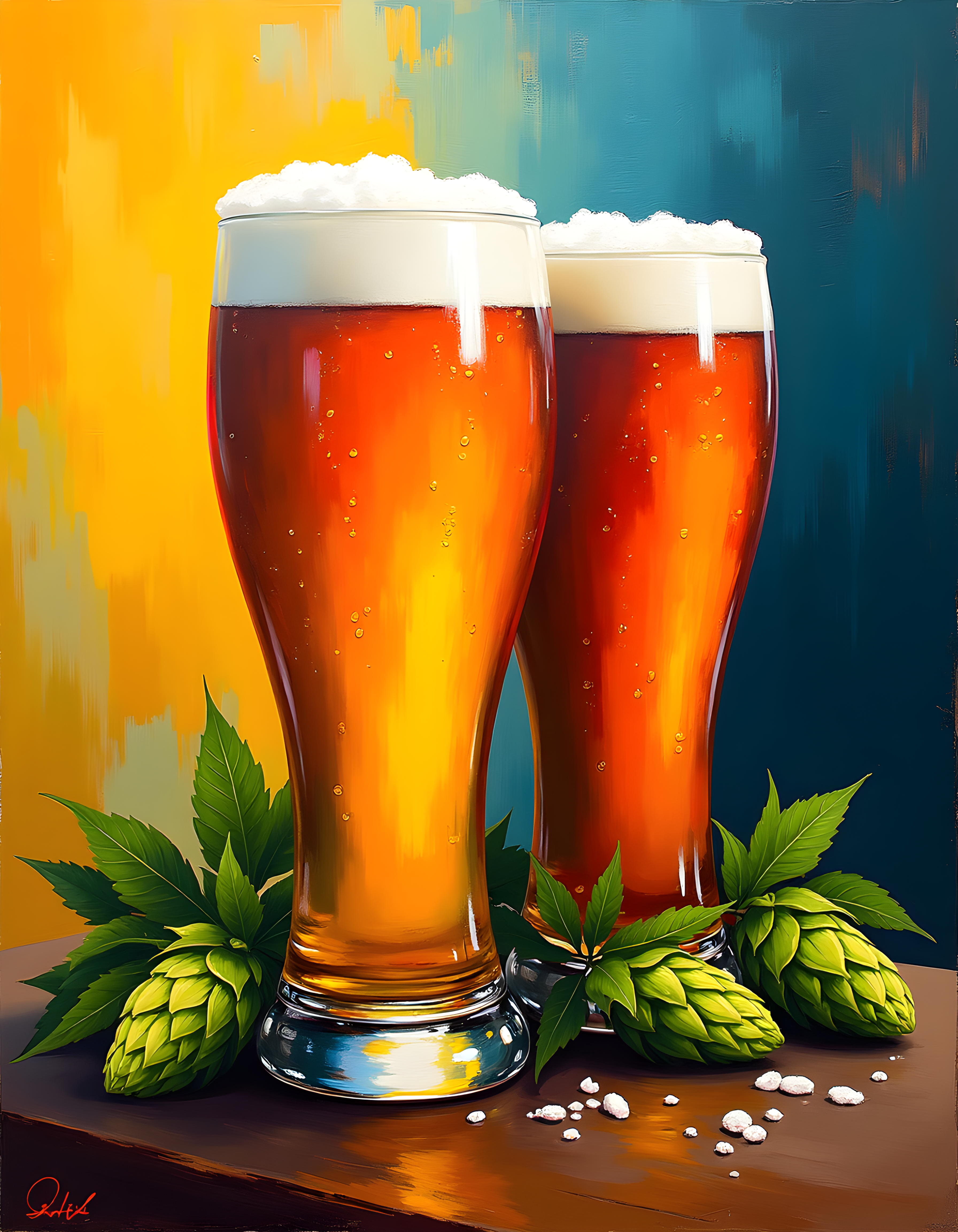 Two Beer Glasses with Hops Abstract Wall Art