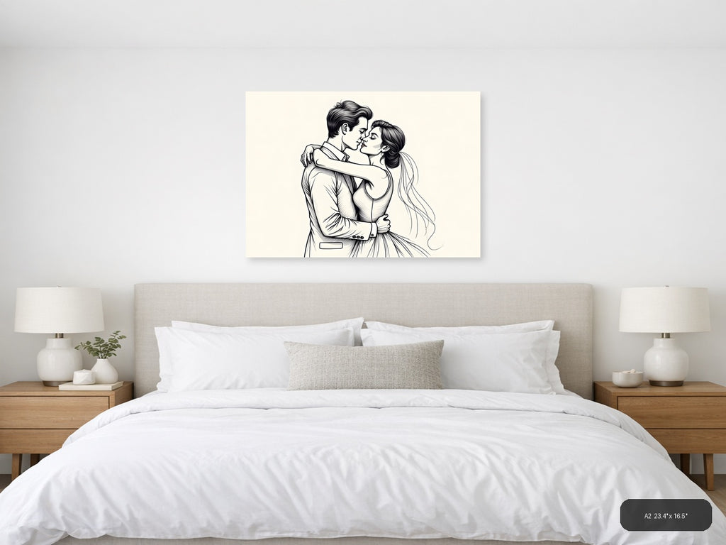 Romantic Couple Embracing Line Art Wall Art — A2 / Bedroom